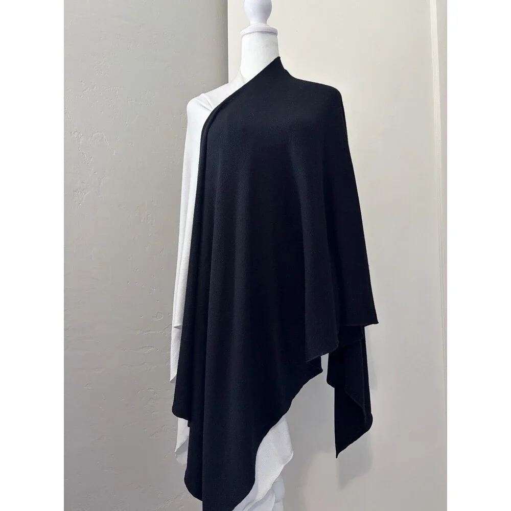 Black White Colorblock Poncho Cape Shawl Wrap Viscose Blend Travel Airplane OS